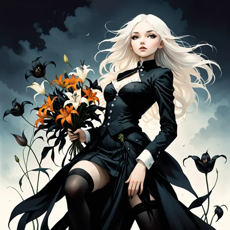 in Style of Jean-Baptiste Monge,in style of Santiago Caruso,in style of David Sims,
1girl,long white hair,black uniform,stocking...