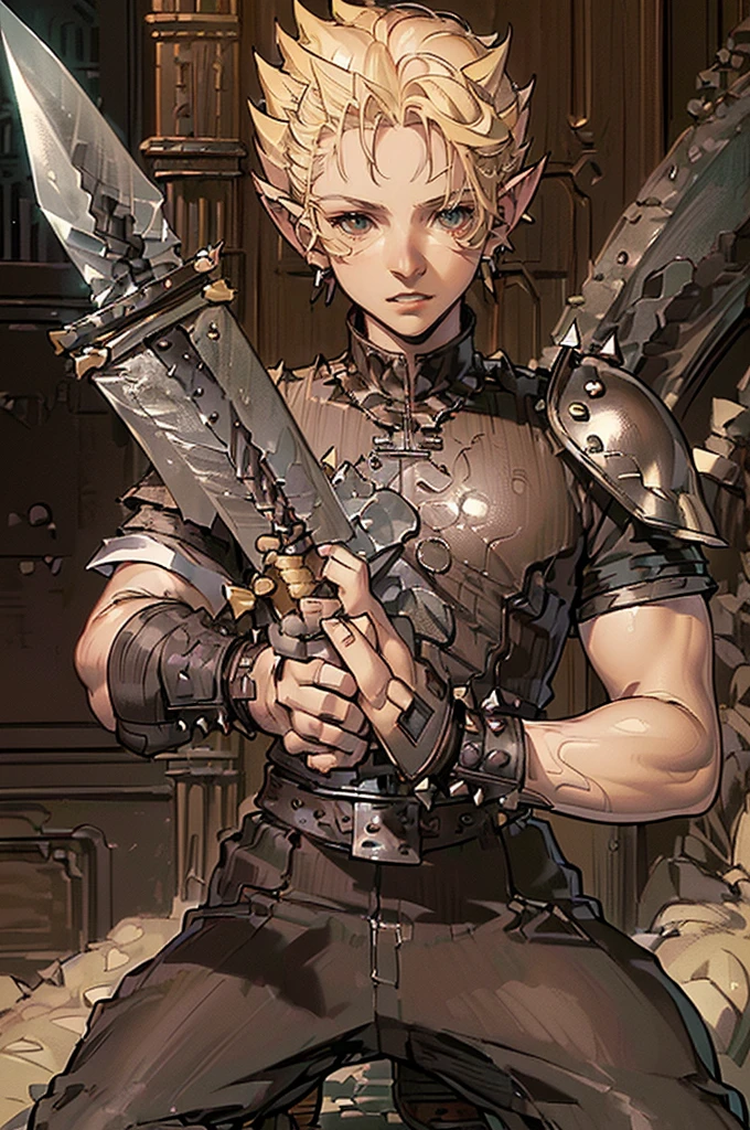 (((Masterpiece of the highest quality.))), (((medieval fantasy))), (((Extreme details))), ((medieval fantasy swordsman)), ((based on cloud strife)), (medieval punk), ((fantasy great sword)) (((ultra detailed))), (((male))), ((Alone)) ((male elf)), ((A 2 elf.))), (175 cm tall), ((blonde hair with spikes)), ((short spiky hair)), ((Brown eyes)), ((Exquisite and detailed face)), ((detailed expressive eyes)), ((standing)), ((Perfect eyes)), ((perfect your hands)), ((euphoric expression)), ((medieval half steel half black letter armor)), ((holding a huge greatsword in his right hand)), ((detailed great sword)), (((4k))), ((Additional quality)), (Additional details), ((exquisite eyes)), ((standing battle stance)), ((Background of the battle)), ((cinematic lighting)), (((full body character))), ((extreme care to detail)), ((movie effects)), (war zone background)