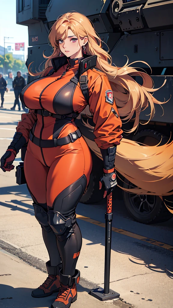 Skye from Paw Patrol, as a female fox, anthro, mature adult, orange fluffy hair, magenta eyes, tall, muscular, big breasts, big butt, thicc thighs, tomboy, full military combat armored suit, standing, detailed, solo, beautiful, high quality, precise, manhwa style, 4K