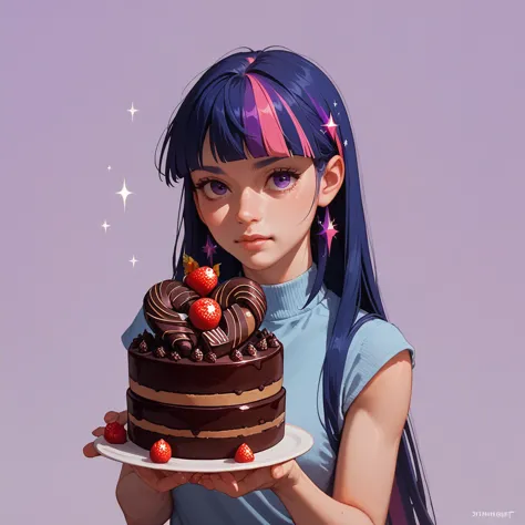 score_9, score_8_up, score_7_up,twighlight sparkle,pfp,holding chocolate cake,purple background