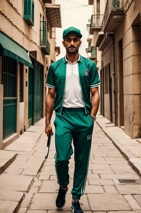 man, 30 years old, green eyes, handsome, 1900 style, tennis clothes from 10's, stylish, from Egypt, FUJIFILM, cinematography, 16...