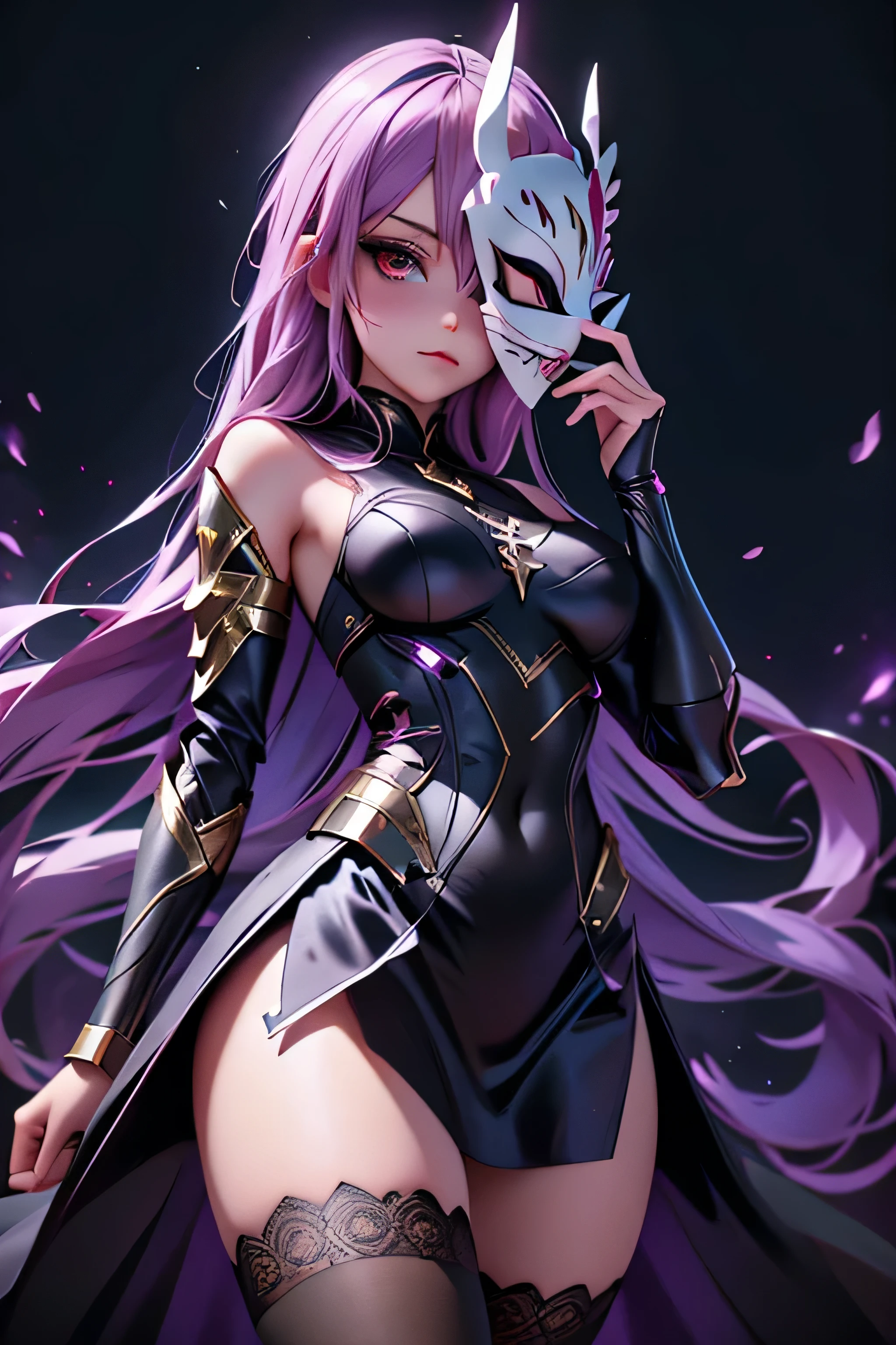 Girl with perfect body, magic combat armor, hollow mask on the face, lace stockings, magical aura, powers in the hands, be magical, subreal world background