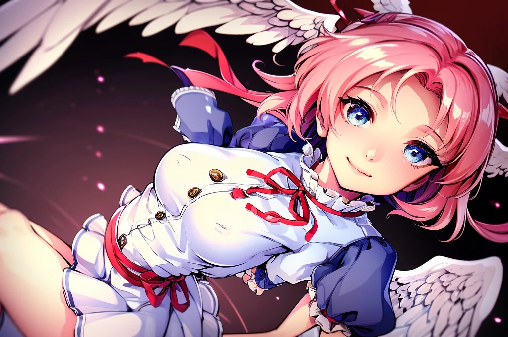 (best quality,4k,8k,highres,masterpiece:1.2), ultra-detailed, highly detailed texture, intricate details, A cute teenage angel with blue eyes, drawn in anime style, 1girl, , , 10 years old, medium blue hair, hair flaps, pink ribbon on head, well-formed face, blue eyes, angel girl, white blouse, puffy short sleeves, red ribbon, angel wings, long white skirt, red shoes, frills, ribbon head, A pair of angel wings on the back