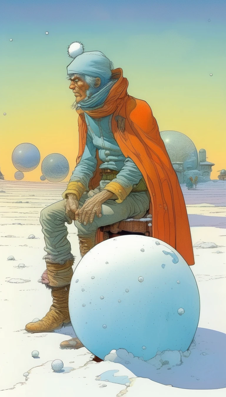 Moebius (Jean Giraud) Style - [Jean Giraud, also known as Moebius, He was a famous French comics artist and illustrator... Based on this post, could illustrate a series of comic panels showing a person starting with a small snowball of debt and gradually turning it into a big snowball that they crush at the end., symbolizing being free of debt. Illustrations would be colorful and whimsical., with detailed backgrounds and characters.] In the style of Jean Giraud