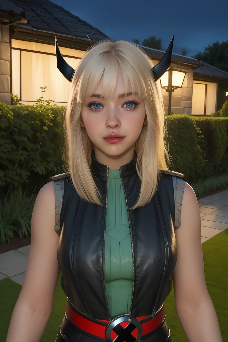 magik,blond hair,blue eyes,horns,bangs,
bodysuit,x belt,open black vest,armored left arm,single gauntlet,
standing,upper body,smile,
night,garden,
(insanely detailed, beautiful detailed face,beautiful detailed eyes, masterpiece, best quality),solo,