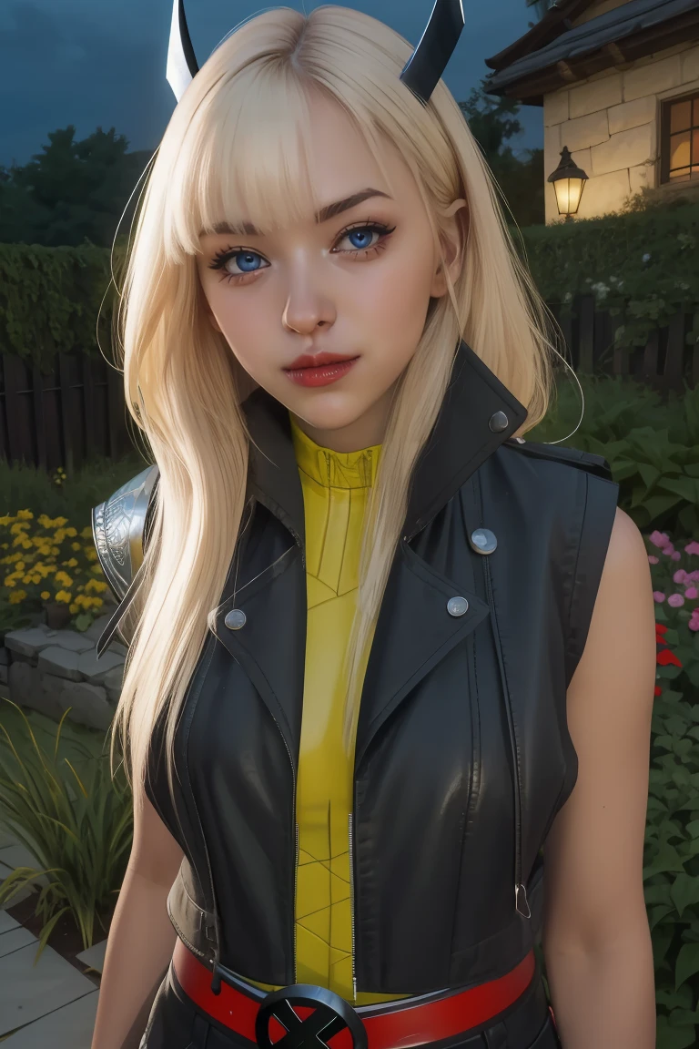 magik,blond hair,blue eyes,horns,bangs,
bodysuit,x belt,open black vest,armored left arm,single gauntlet,
standing,upper body,smile,
night,garden,
(insanely detailed, beautiful detailed face,beautiful detailed eyes, masterpiece, best quality),solo,