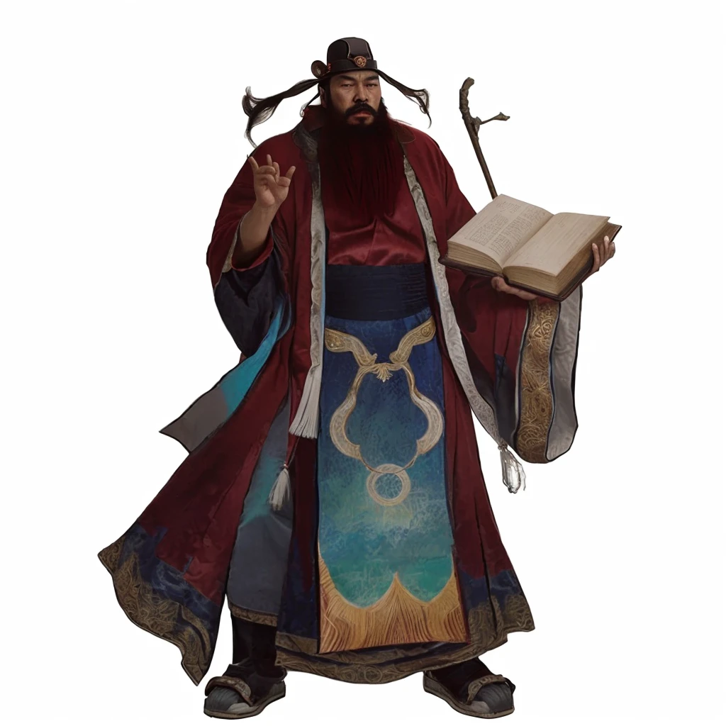 tan skin chinese ancient officer, red wild beard, luxurious red robe, holding a book, a floating Chinese brush on book, one hand put at the back, officer hat, furious look, angry, taoist priest, 2 extended hard headdress from his hat
