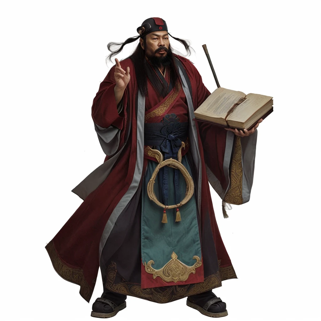 tan skin chinese ancient officer, red wild beard, luxurious red robe, holding a book, a floating Chinese brush on book, one hand put at the back, officer hat, furious look, angry, taoist priest, 2 extended hard headdresses from his hat
