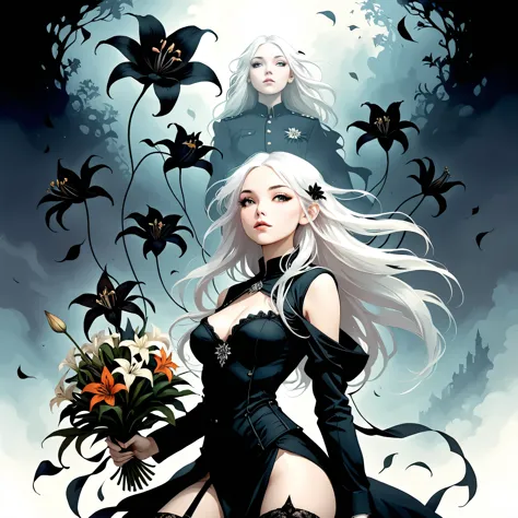in Style of Jean-Baptiste Monge,in style of David Sims,
1girl,long white hair,black uniform,stockings,bust,
a bouquet of black l...