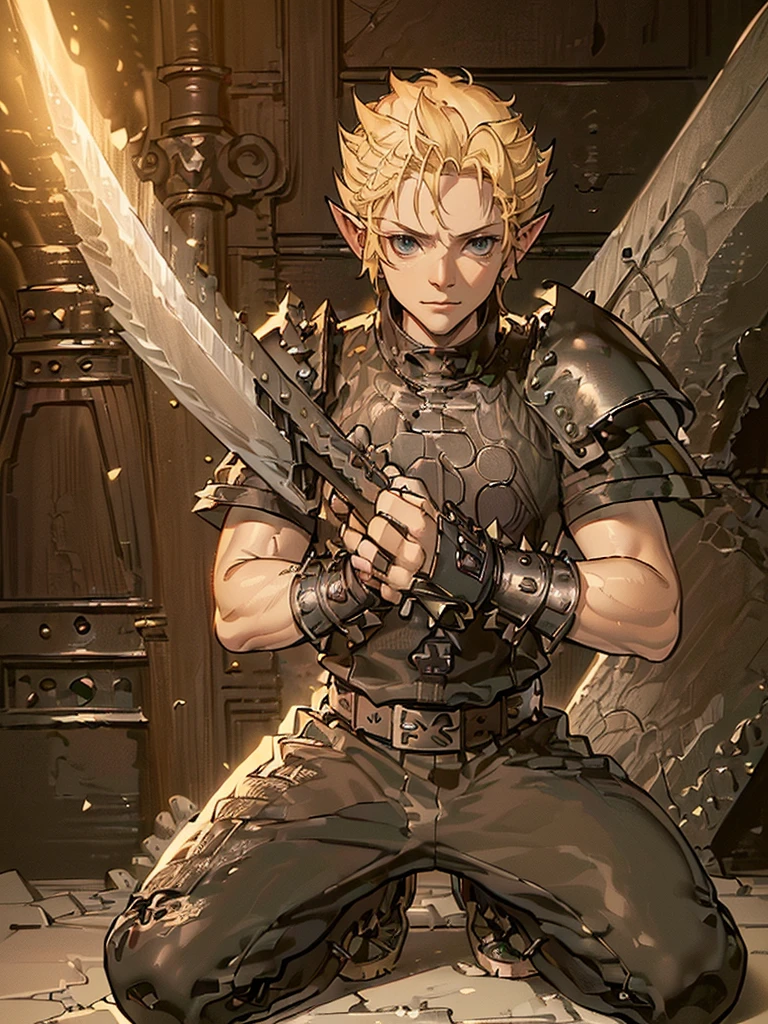 (((Masterpiece of the highest quality))), (((medieval fantasy))), (((Extreme details))), ((medieval fantasy swordsman)), ((based on cloud strife)), (medieval punk), ((fantasy great sword)), (((ultra detailed))), (((male))), ((male elf)), ((A 2 elf.))), (175 cm tall), ((blonde short spiky hair)), ((Brown eyes)), ((Exquisite and detailed face and eyes)), ((detailed expressive eyes)), ((Perfect eyes)), ((perfect detailed hands)), ((smiling rage expression)), ((medieval half steel half black letter armor)), ((holding a great broadsword in his hands)), ((detailed great sword)), (((4k))), ((Additional quality)), (Additional details), ((exquisite eyes)), ((dynamic battle pose)), ((battle Background)), ((cinematic lighting)), (((full body))), ((extreme care to detail)), ((movie effects)), (war zone background)