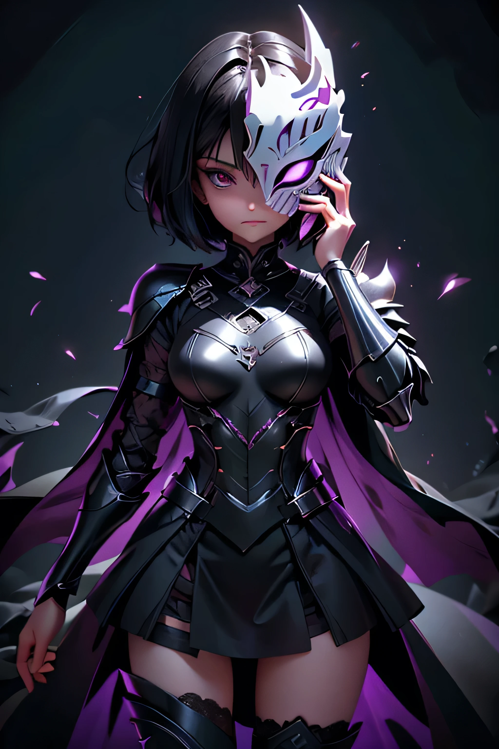 Girl with perfect body, short black hair, full magic combat armor, armor covering his entire body, hollow mask on the face, lace stockings, magical aura, powers in the hands, be magical, subreal world background