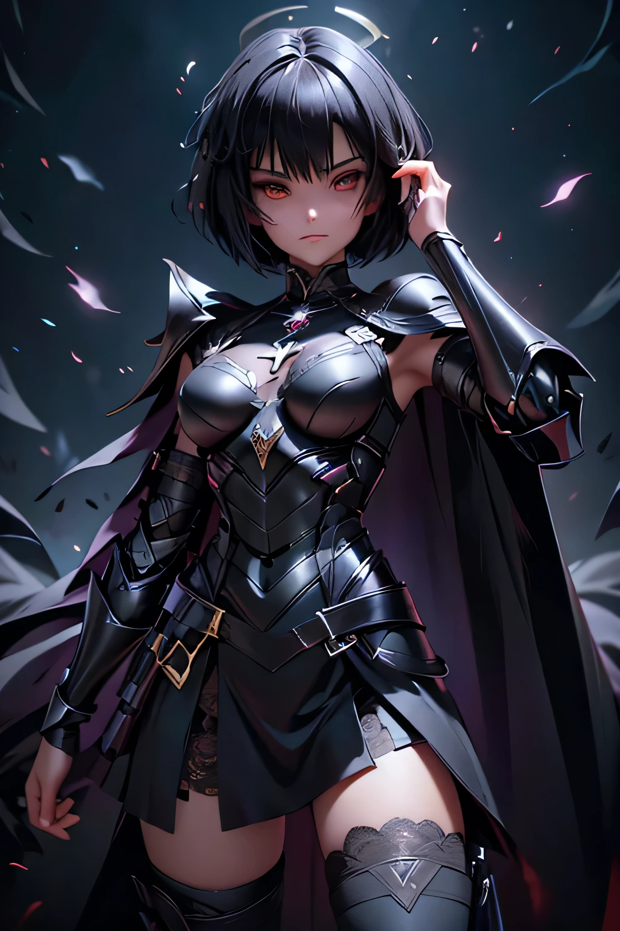 Girl with perfect body, short black hair, full magic combat armor, armor covering his entire body, hollow mask on the face, lace stockings, magical aura, powers in the hands, be magical, subreal world background