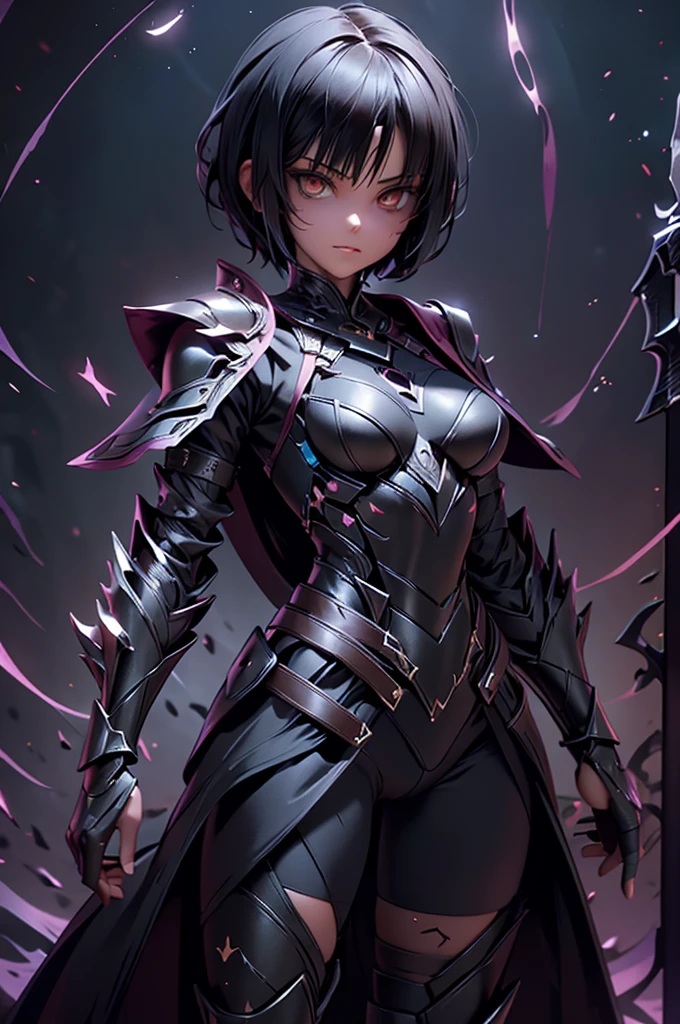 Girl with perfect body, short black hair, full magic combat armor, armor covering his entire body, hollow mask on the face, lace stockings, magical aura, powers in the hands, be magical, subreal world background