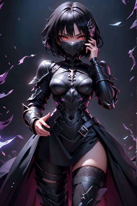 Girl with perfect body, short black hair, full magic combat armor, armor covering his entire body, hollow mask on the face, lace...