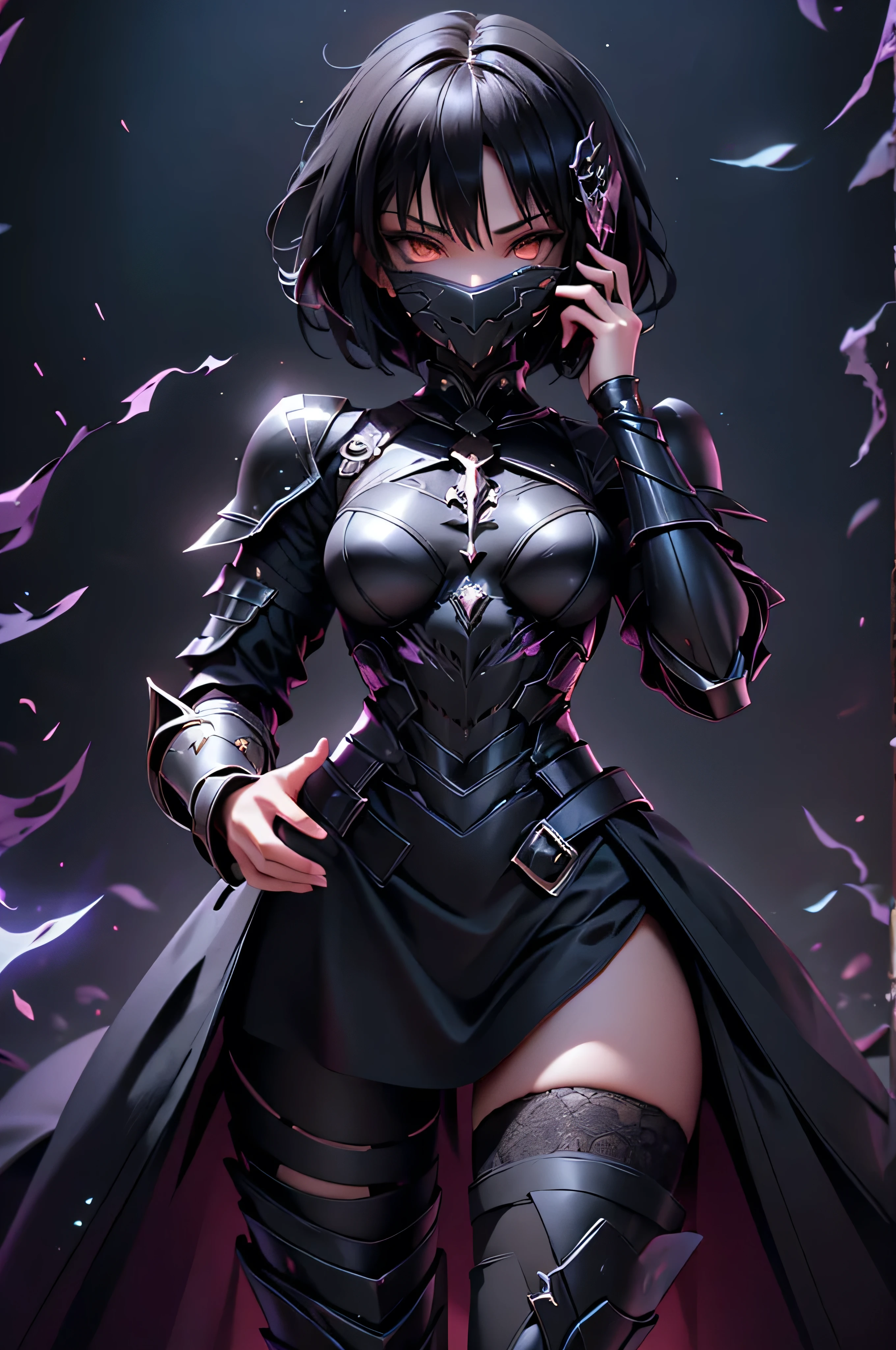 Girl with perfect body, short black hair, full magic combat armor, armor covering his entire body, hollow mask on the face, lace stockings, magical aura, powers in the hands, be magical, subreal world background