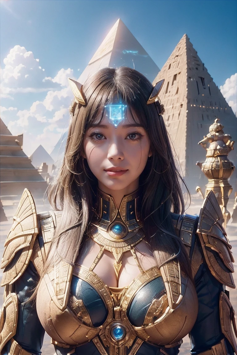 ((Highest quality、8k、masterpiece:1.3))、Realistic, Sharp focus, High resolution, High resolution, Portraiture, one person, woman, beautiful woman, sexly、Egyptian woman warrior walking through putu、Complex technology, Pyramids and ancient Egyptian cities far away、cyber-、Light and shadow、cyan light、