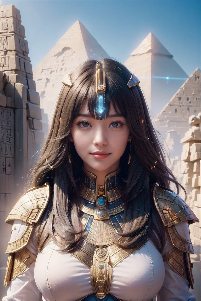 ((Highest quality、8k、masterpiece:1.3))、Realistic, Sharp focus, High resolution, High resolution, Portraiture, one person, woman, beautiful woman, sexly、Egyptian woman warrior walking through putu、Complex technology, Pyramids and ancient Egyptian cities far away、cyber-、Light and shadow、cyan light、