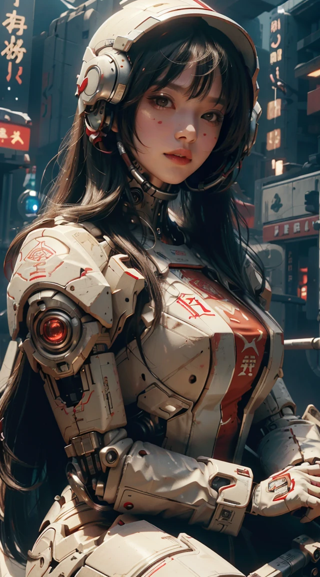 Best image quality, Excellent details, Ultra-high resolution, (realism: 1.4), Best illustrations, Favorite Details, Very condensed one girl, Delicate and beautiful features, Wearing a red and white mecha, Wearing a mecha helmet, Hold the directional controller, Riding on motorcycle, The background is a futuristic city high tech lighting scene.