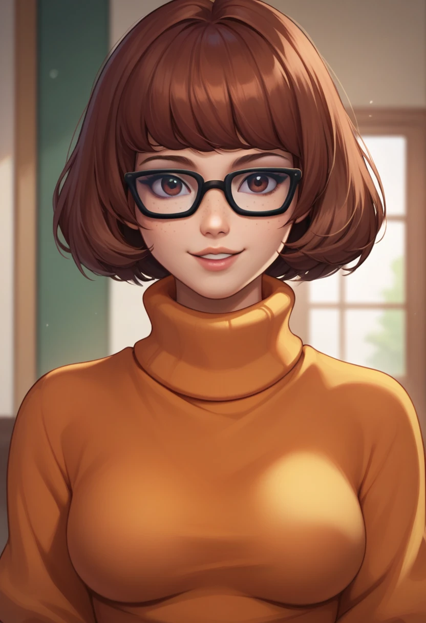 masterpiece,best quality, highly detailed, score_9, score_8_up, score_7_up, score_6_up,source anime,BREAK
 velma,1girl, glasses, solo, breasts, brown hair, turtleneck, sweater, brown eyes, short hair, freckles, medium breasts, lips, smile, upper body, turtleneck sweater, orange sweater, looking at viewer, bangs, parted lips,