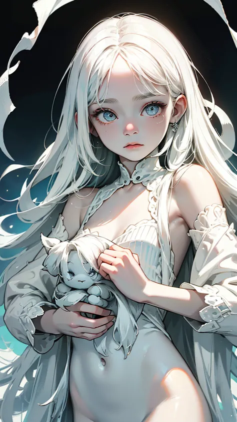 "A ghost girl with pale, Paper white skin, Wild and tousled bright white hair, and fascinating white eyes adorned with spirals, ...