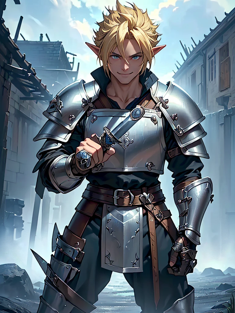 (((Masterpiece of the highest quality))), (((medieval fantasy))), (((Extreme details))), ((medieval fantasy swordsman)), ((based on cloud strife)), (medieval punk), ((fantasy great sword)), (((ultra detailed))), (((male))), ((male elf)), ((A 25 year old elf.))), (175 cm tall), ((blonde short spiky hair)), ((Brown eyes)), ((Exquisite and detailed face and eyes)), ((detailed expressive eyes)), ((Perfect eyes)), ((perfect detailed hands)), ((smiling rage expression)), ((medieval half steel half black letter armor)), ((holding a great broadsword in his hands)), ((detailed great sword)), (((4k))), ((Additional quality)), (Additional details), ((exquisite eyes)), ((dynamic battle pose)), ((battle Background)), ((cinematic lighting)), (((full body))), ((extreme care to detail)), ((movie effects)), (war zone background)