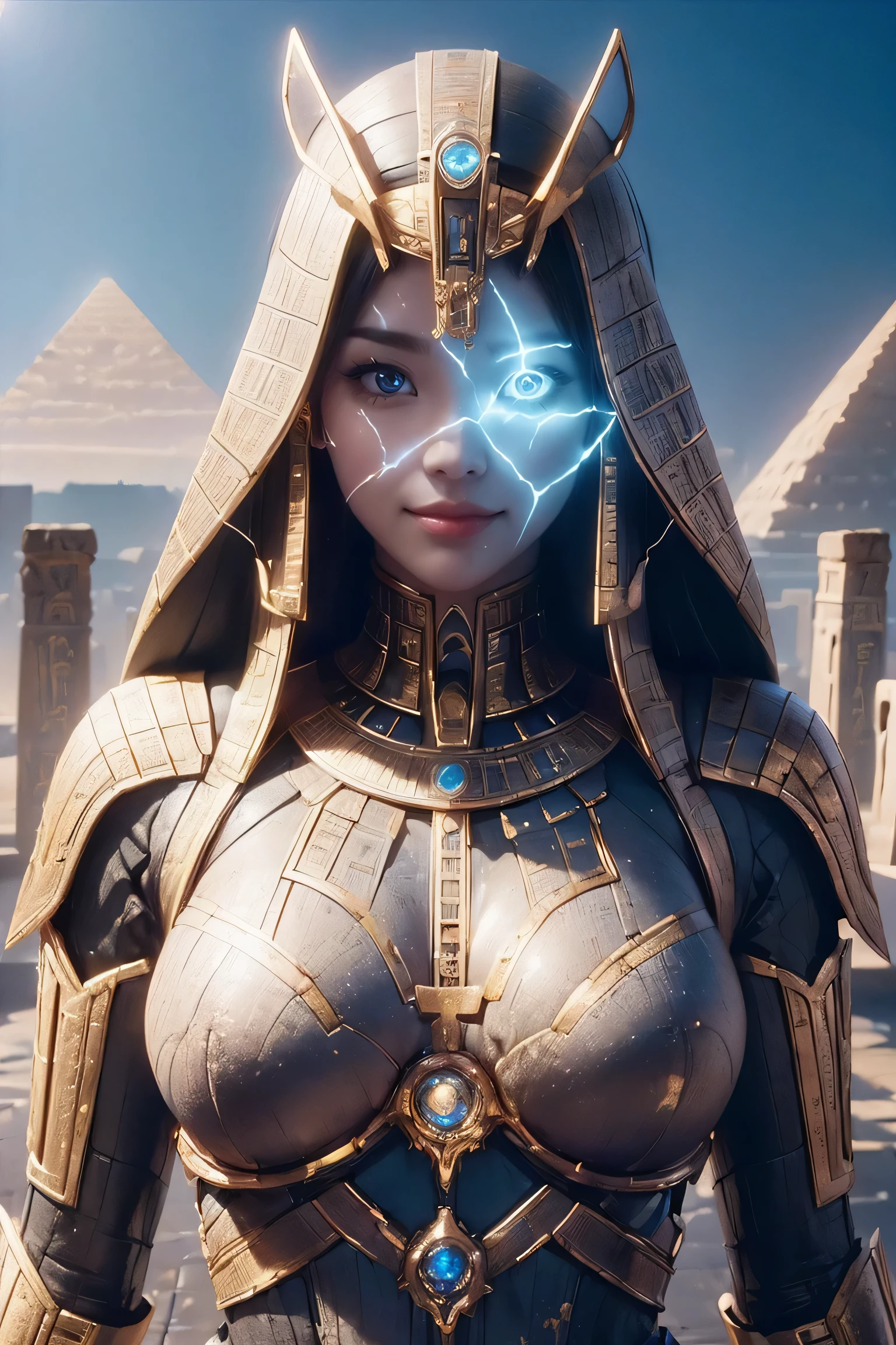 ((Highest quality、8K、masterpiece:1.3))、Realistic, Sharp focus, High resolution, High resolution, Portraiture, one person, woman, beautiful woman, sexly、Egyptian woman warrior walking through putu、Complex technology, Pyramids and ancient Egyptian cities far away、cyber-、Light and shadow、cyan light、