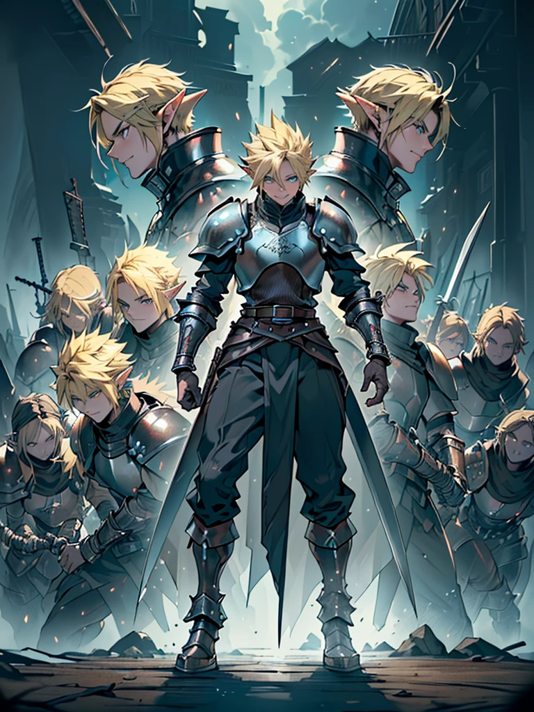 (((Masterpiece of the highest quality))), (((medieval fantasy))), (((Extreme details))), ((medieval fantasy swordsman)), ((based on cloud strife)), (medieval punk), ((fantasy great sword)), (((ultra detailed))), (((male))), ((male elf)), ((A 25 year old elf.))), (175 cm tall), ((blonde short spiky hair)), ((Brown eyes)), ((Exquisite and detailed face and eyes)), ((detailed expressive eyes)), ((Perfect eyes)), ((perfect detailed hands)), ((smiling rage expression)), ((medieval half steel half black letter armor)), ((holding a great broadsword in his hands)), ((detailed great sword)), (((4k))), ((Additional quality)), (Additional details), ((exquisite eyes)), ((dynamic battle pose)), ((battle Background)), ((cinematic lighting)), (((full body))), ((extreme care to detail)), ((movie effects)), (war zone background)