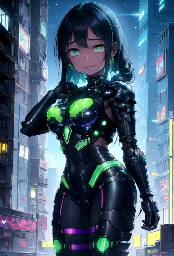 Cyberpunk mechanical armor, iridescent body part, psychedelic color scheme on a single component, rainbow-colored armor piece, holographic effect on armor section,Iridescent arm parts, rainbow colors, prisms,Low - Angle、 Emerald green eyes、Part of the clothing is see-through、Cinematic angles、optical fiber、Connected Cord、Illuminated parts See-through parts、Cyberpunk cityscape, young woman with long black hair wearing an emerald green powered exosuit, standing in a contemplative pose amidst the neon-lit ruins, textured digital art with muted tones and subtle ambient noise, detailed and intricate illustration, dystopian and gritty yet beautiful, a glimmer of hope in the decay,Fish Girl in Sci-fi translucent mechanical bikini ++,The bikini is see-through and sparkly,