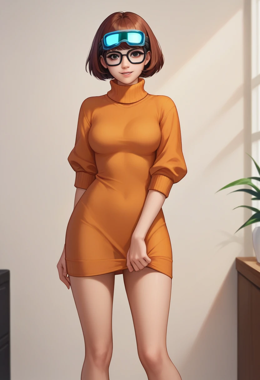 masterpiece,best quality, highly detailed, score_9, score_8_up, score_7_up, score_6_up,source anime,BREAK
 velma,1girl, glasses, solo, breasts, brown hair, turtleneck, sweater, brown eyes, short hair, freckles, ((medium breasts)), lips, smile, upper body, turtleneck sweater, orange sweater, looking at viewer, bangs, parted lips, ((glowing cyberpunk goggles)), full body