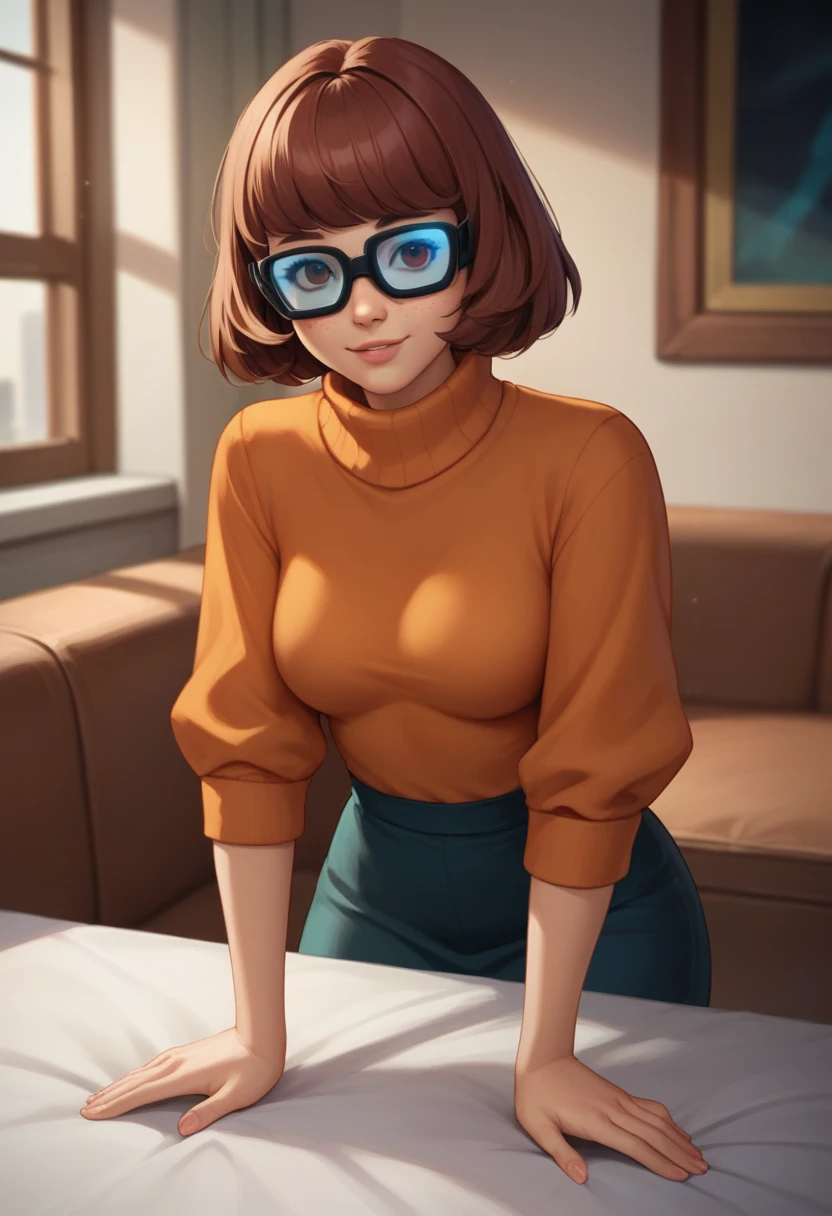 masterpiece,best quality, highly detailed, score_9, score_8_up, score_7_up, score_6_up,source anime,BREAK
 velma,1girl, glasses, solo, breasts, brown hair, turtleneck, sweater, brown eyes, short hair, freckles, ((medium breasts)), lips, smile, upper body, turtleneck sweater, orange sweater, looking at viewer, bangs, parted lips, ((glowing cyberpunk goggles)), full body