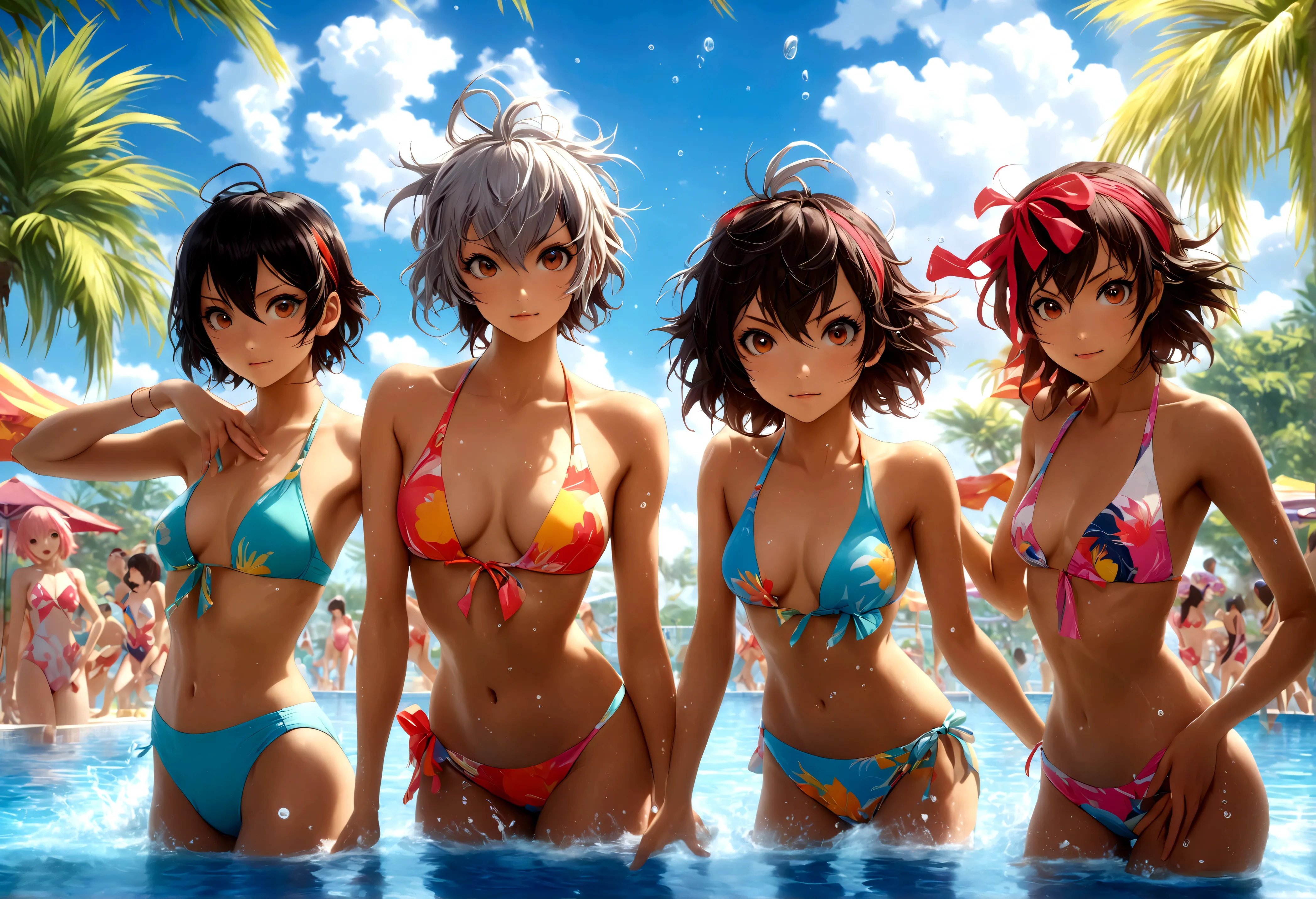 A group of anime characters in swimsuits relaxing at a pool party, highly detailed, beautiful scenery, vivid colors, photorealis...