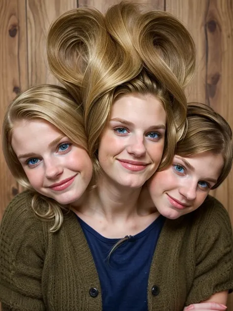 3heads, (one head adult:1.5), (one head teen:1.5), (one head child:1.5),  (blonde:1.2)