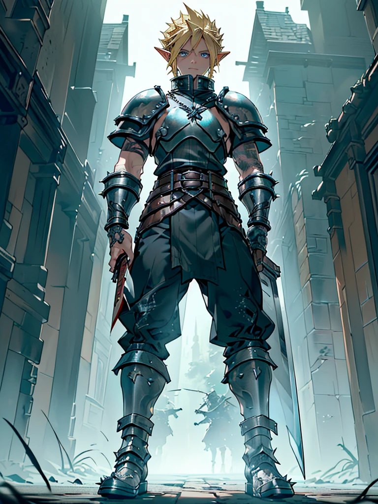 (((Masterpiece of the highest quality))), (((medieval fantasy))), (((Extreme details))), (one character) ((medieval fantasy swordsman)), ((based on Chester Bennington fused with cloud strife)), (medieval punk), ((fantasy great sword)), (((ultra detailed))), (alone) (((male))), ((male elf)), ((A 2 elf.))), (175 cm tall), ((blonde short spiky hair)), ((Brown eyes)), ((Exquisite and detailed face and eyes)), ((detailed expressive eyes)), ((Perfect eyes)), ((perfect detailed hands)), ((vain expression)), ((medieval half steel half black letter armor)), ((holding a great broadsword in his hands)), ((detailed great sword)), (((4k))), ((Additional quality)), (Additional details), ((exquisite eyes)), ((dynamic battle pose)), ((battle Background)), ((cinematic lighting)), (((full body))), ((extreme care to detail)), ((movie effects)), (war zone background)