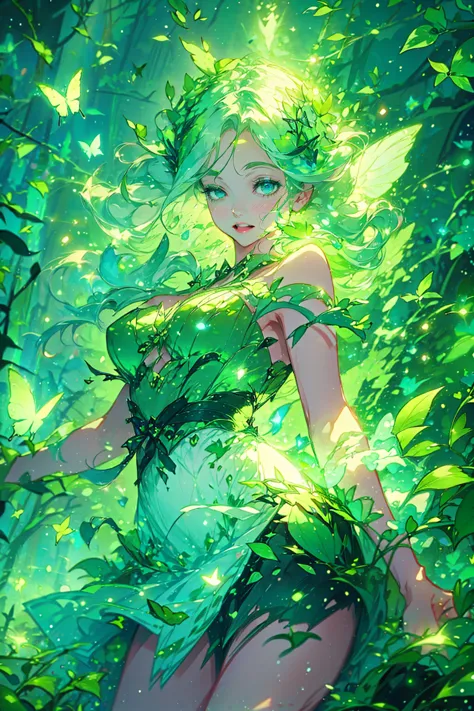 1girl,solo,cute,wizard,dress,bigbreast,cleavage,around leaf aura,explosionmagic, butterfly style,naturemagic