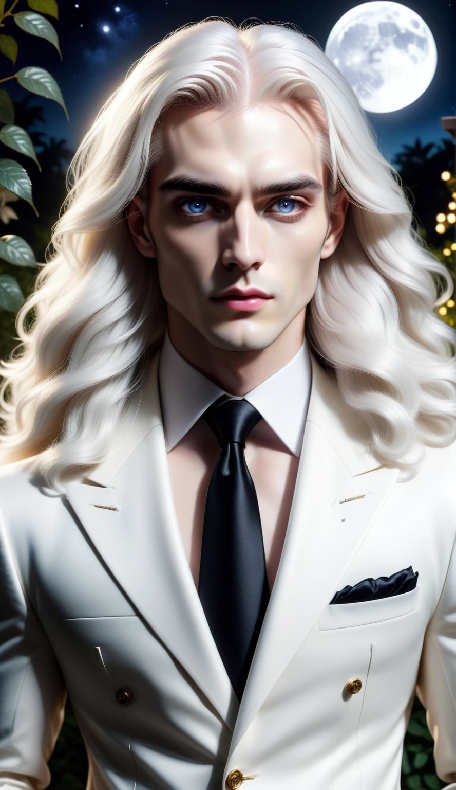 masterpiece, highest quality, (solo focus), (perfect face:1.1), (high detail:1.1), (hyper detailed eyes), dramatic, 1guy, (pale skin), long white hair, ethereal eyes, (light eyebrows), solo, long hair, JTiago Azevedo, moon, night, white luxury suit, pouty lips, fur, proud expression,garden, detailed background, art by artgerm, cinematic lighting, roses, fashion, BalenciagaStyle