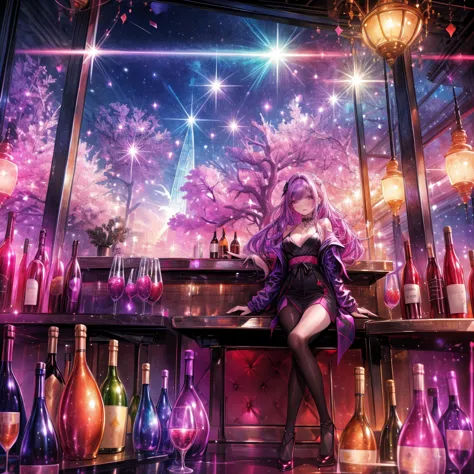masterpiece, best quality, 1girl, Colorful sparkle surrounds the body, bar, wine, long view, fantasy, sky, nightclub, wide shot,...