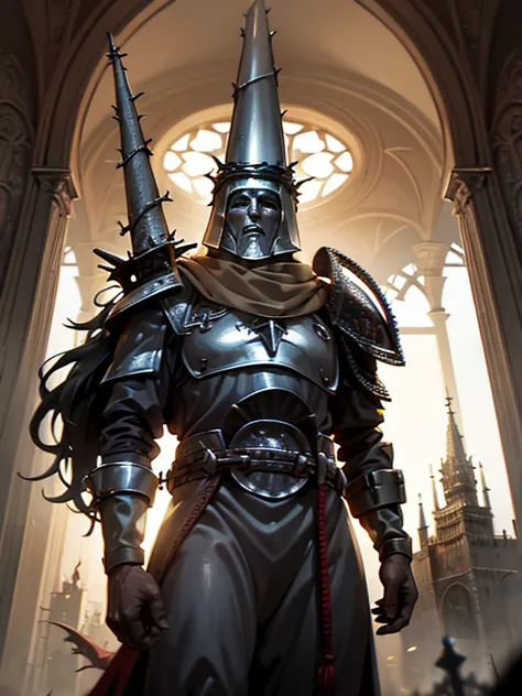 ((blasphemous)), ((the penitent)), game character, a closeup of a man wearing a helmet and armor standing in front of a castle, ...