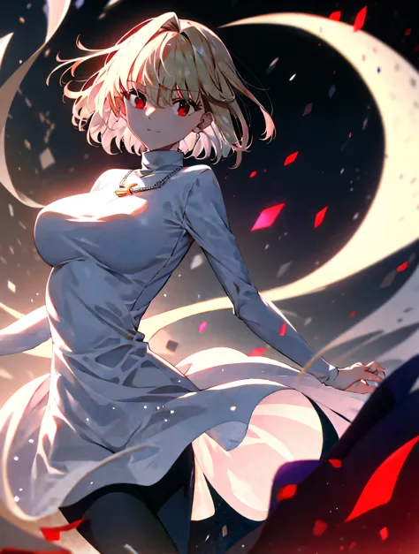 absurdres, uhd, 16k, 1girl, arcueid \(tsukihime\), 1girl, alley, nighttime, moon, stars, short blonde hair, (((red eyes))), arms...