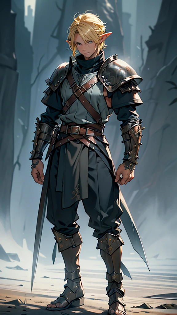 (((Masterpiece of the highest quality))), (((medieval fantasy))), (((Extreme details))), (one  character), (lonely character portrait), ((medieval fantasy male elf swordsman holding a wide katana)), ((based on Chester Bennington)), (medieval punk), ((fantasy wide katana)), (((ultra detailed))), (alone) (((male))), ((male elf)), ((A 2 elf.))), (175 cm tall), ((blonde short spiky hair)), ((Brown eyes)), ((Exquisite and detailed face and eyes)), ((detailed expressive eyes)), ((Perfect eyes)), ((perfect detailed hands)), ((vain expression)), ((medieval half steel half black letter armor)), ((holding a great broadsword in his hands)), ((detailed wide katana)), (((4k))), ((Additional quality)), (Additional details), ((exquisite eyes)), ((dynamic pose)), ((battle Background)), ((cinematic lighting)), (((full body))), ((extreme care to detail)), ((movie effects)), (war zone background)