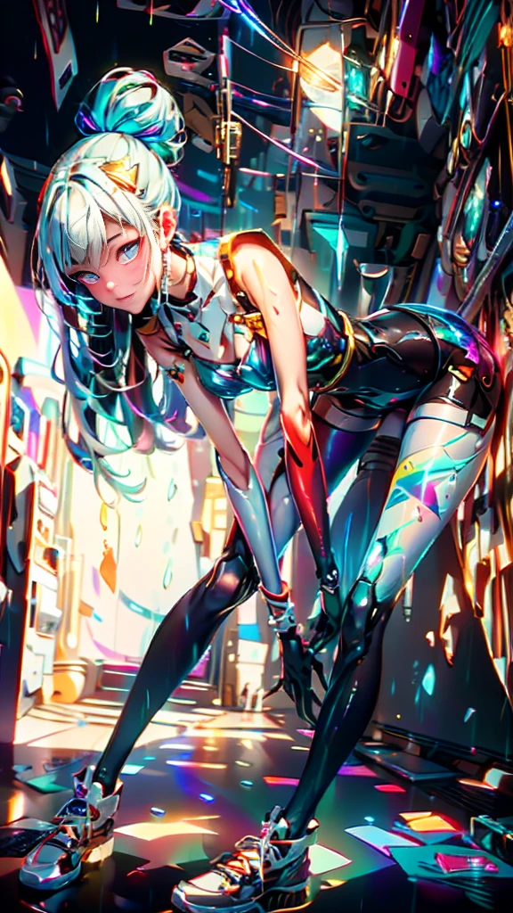 An ultra-realistic and ultra-detailed, Extra- Vibrant, (Legendary Vivid Neon Multicolored Psychedelic Masterpiece), (((IT_IS_RAINING:1.4))), ((full body portrait)), Running, (Dynamic Angle), best quality, (Angled View), 1girl, She is a Gorgeous Magical Alchemist, a very noble Caucasian lady, ringed silver eyes, Calm, half closed eyes, thin body, slim waist, small breasts, (bare legs), Awesome Black Hair, a confident smile, ((HOLDING A GORGEOUS COLORFUL RAINBOWLUMINESCENT GALAXY IN HER HANDS)), Celestial Star Map, highly detailed expensive wizard's skirt, Running, beautiful, dramatic, backlighting, night, midnight, (Multitude Of Stars), beautiful fantastic night view, (ultra-detailed, finely detailed beautiful eyes and face), high resolution, 8k UHD, perfect anatomy, perfect fingers, Highly detailed scenery, Highly detailed background, perspective, depth of field, atmospheric