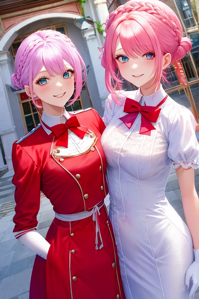 White and red outfit, pink and pastel blue hair, facing viewer, smiling, HakurenINN, medium hair, blue eyes, french braid, collared dress, white dress, show shoulders, white gloves, show tummy