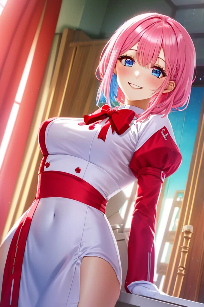 White and red outfit, pink and pastel blue hair, facing viewer, smiling, HakurenINN, medium hair, blue eyes, french braid, collared dress, white dress, show shoulders, white gloves, show tummy