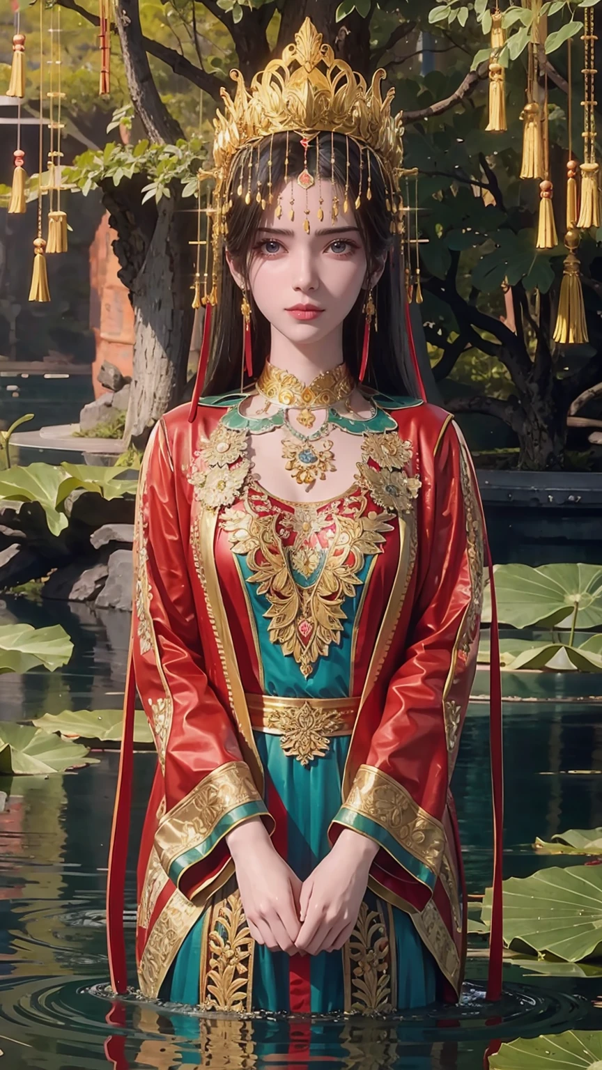 a beautiful young woman bathing in a pond, water gently lapping at her shoulders, wearing a sheer silk dress, hands covering her chest, golden glowing lotus flowers floating on the water's surface