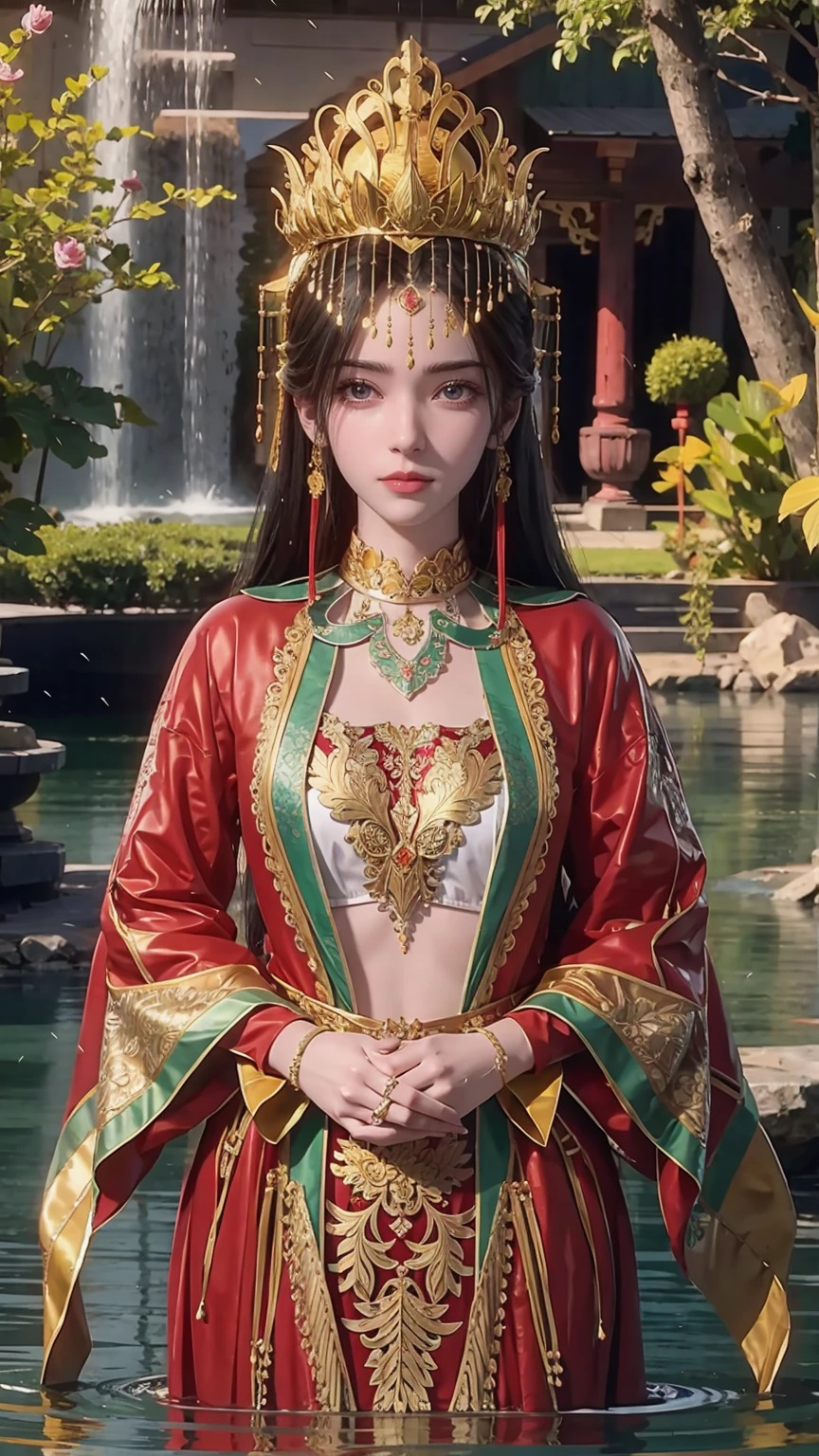 A girl bathing in water，Showering above the shoulders while bathing in water，Wearing a tulle silk dress，Hold your hands to your chest，Cover your chest with your hands，Golden glowing lotus on the water，Only the shoulders are exposed in the water