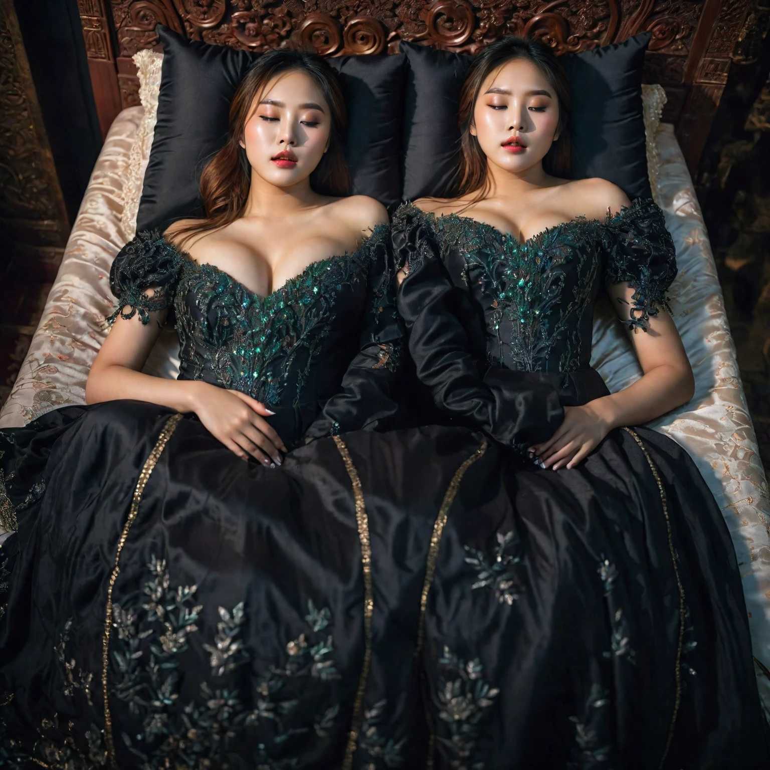 In a striking 8K HDR scene, a stunning Korean woman, 22 years old, lies peacefully in a black coffin surrounded by plush pillows. The deep box is set against a rich black background, accentuating the beauty of the subject. Her exquisite kebaya attire is embroidered with superb detail, showcasing her round and firm breasts, perfect cleavage, and beautiful eyebrows. Her closed eyes and mouth give an air of serenity, while her visible and absolute cleavage leave nothing to imagination. The scene is bathed in saturated colors, highlighting every intricate aspect from the ball skirt to her clean face, straight body, detailed hand perfect hands, straight body.