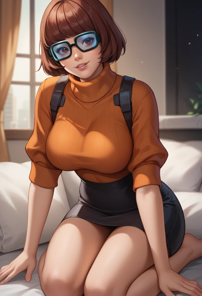 masterpiece,best quality, highly detailed, score_9, score_8_up, score_7_up, score_6_up,source anime,BREAK
 velma,1girl, glasses, solo, breasts, brown hair, turtleneck, sweater, brown eyes, short hair, freckles, ((large breasts)), lips, smile, turtleneck sweater, orange sweater, looking at viewer, bangs, parted lips, ((glowing cyberpunk goggles)), full body