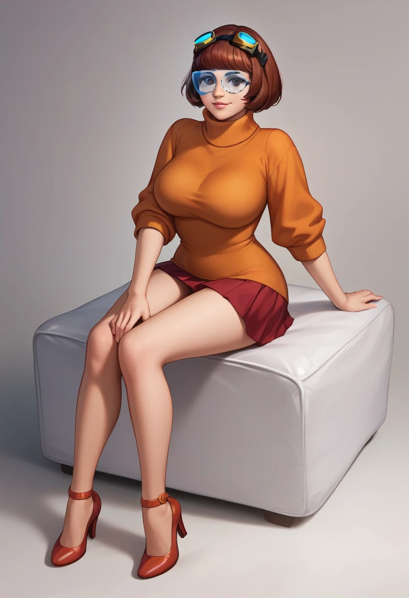 masterpiece,best quality, highly detailed, score_9, score_8_up, score_7_up, score_6_up,source anime,BREAK
 velma,1girl, glasses, solo, breasts, brown hair, turtleneck, sweater, brown eyes, short hair, freckles, ((large breasts)), lips, smile, long hair, turtleneck sweater, orange sweater, looking at viewer, bangs, parted lips, ((glowing cyberpunk goggles)), full body