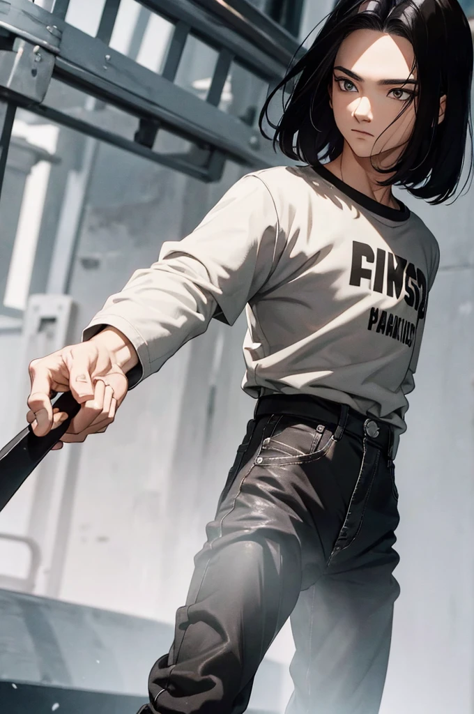 (masterpiece), best quality, expressive eyes, perfect face, highres, 1 boy, solo, brown eyes, black hair,parted hair,short hair, White social shirt, social black pants, standing, portrait, looking at the viewer, School ambient, holding hookswords, Sword shuang gou