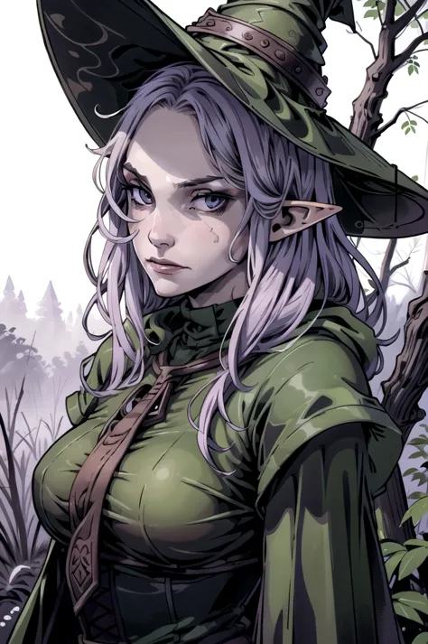 (artwork:1.2),(lineart:1.33),young,1girl,portrait female elf witch in a decaying swamp,close-up,disappointed look,heavy-hat,long...