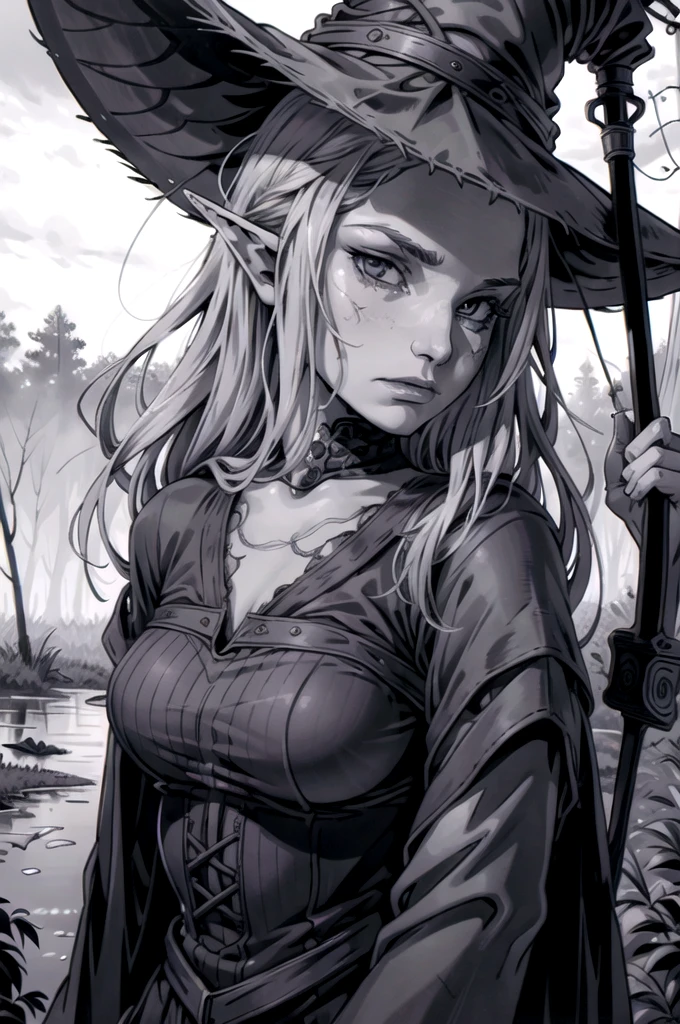 (artwork:1.2),(lineart:1.33),young,1girl,portrait female elf witch in a decaying swamp,close-up,disappointed look,heavy-hat,long-torn-clothes,seductive,(hyperdefined),(inked-art),purple green tones,unusual-angle,cartoon,fantasy victorian aesthetic,complex lighting,(flat colors),ultradetailed,(fine-details:1.2),absurdres, (atmosphere), coherent